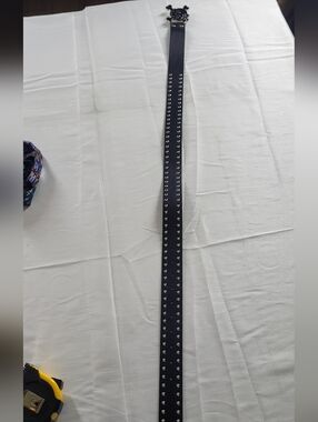 Black Double-Row Studded Belt with Skull & Bones Buckle